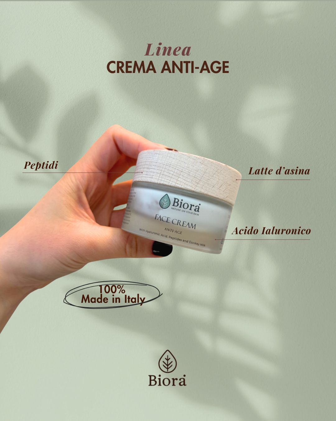 CREMA VISO ANTIAGE CON LATTE D’ASINA 100% BIOLOGICO ITALIANO, ACIDO IALURONICO E PEPTIDI